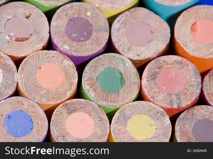 A closeup of a bundle of colored pencils.