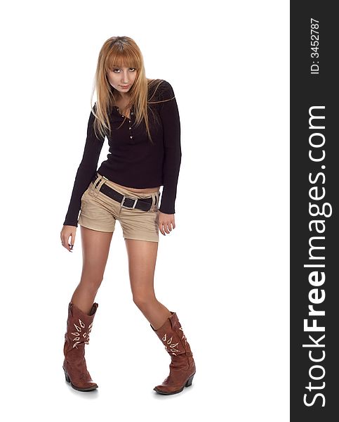 blond girl with long legs wearing sorts and boots, on white. blond girl with long legs wearing sorts and boots, on white