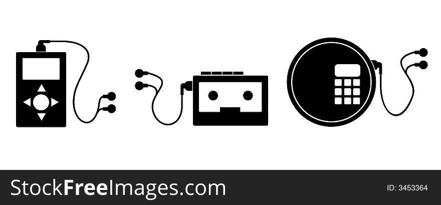 Vector art of icons of MP3, cd player and cassette player