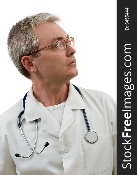 Concentrated doctor in glasses with stethoscope.