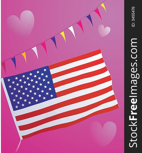 Flag of USA in celebration with backgrounds of hearts