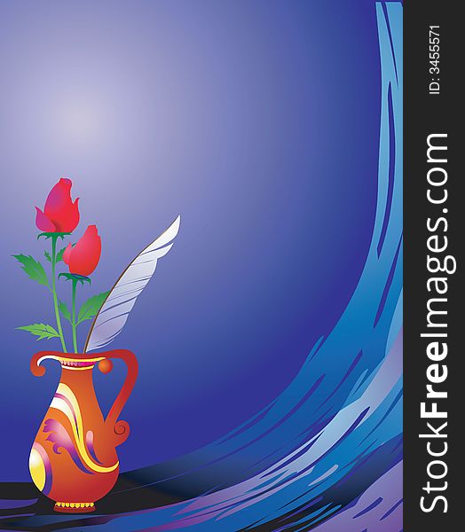 Flower pot with red flowers and a feather