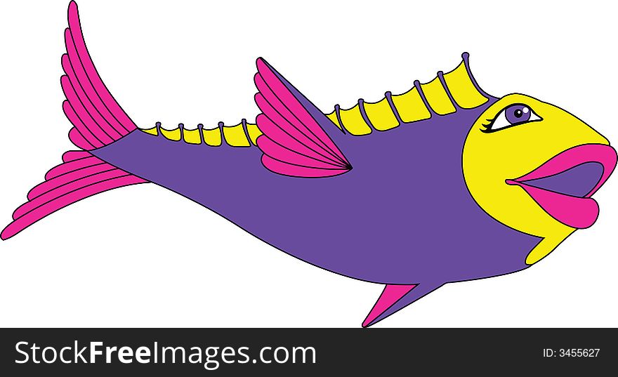 A brightly colored, pink, purple and yellow cartoon fish with big lips and a smile. A brightly colored, pink, purple and yellow cartoon fish with big lips and a smile.