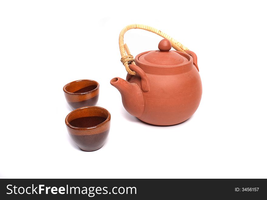 Brown tea set on the white background