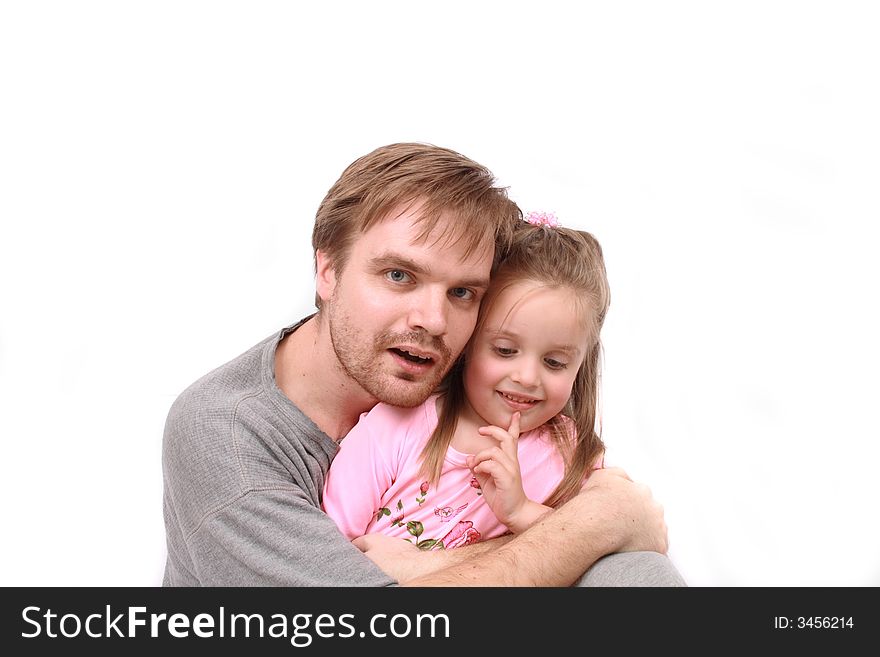 Father and his daughter on the white background. Father and his daughter on the white background