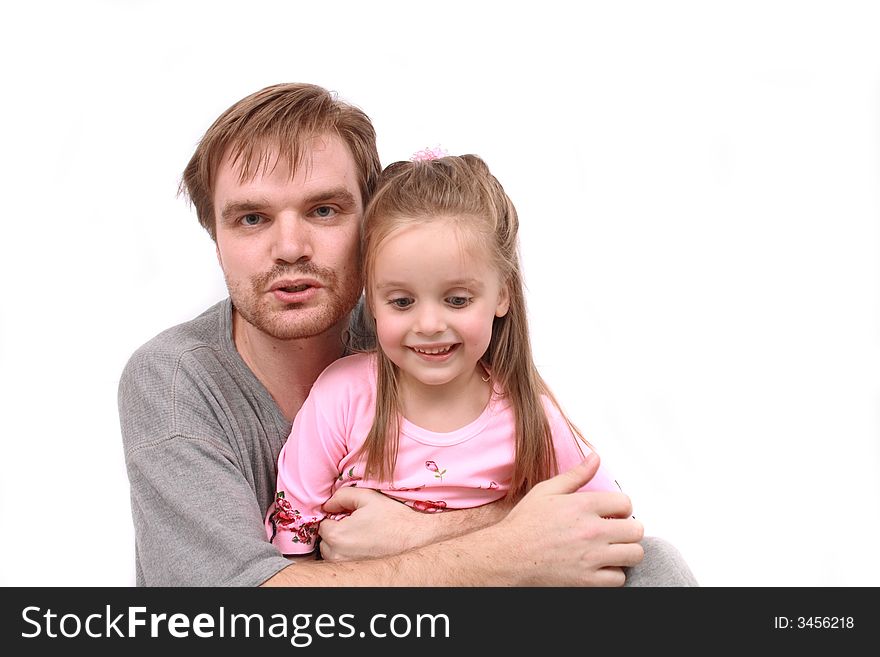 Father and his daughter on the white background. Father and his daughter on the white background