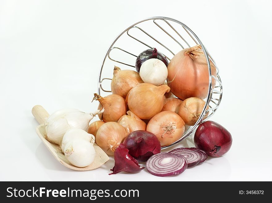 Different Onion sorts in a basket. Different Onion sorts in a basket