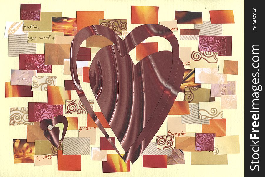 Collages of different pieces of printed paper. A couple of red hearts. Hand made artwork. Collages of different pieces of printed paper. A couple of red hearts. Hand made artwork.