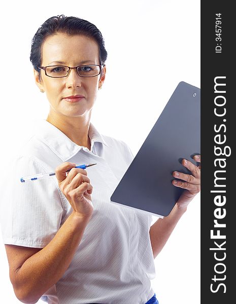 Portrait of  businesswoman in stylish glasses with clipboard on white back. Portrait of  businesswoman in stylish glasses with clipboard on white back.