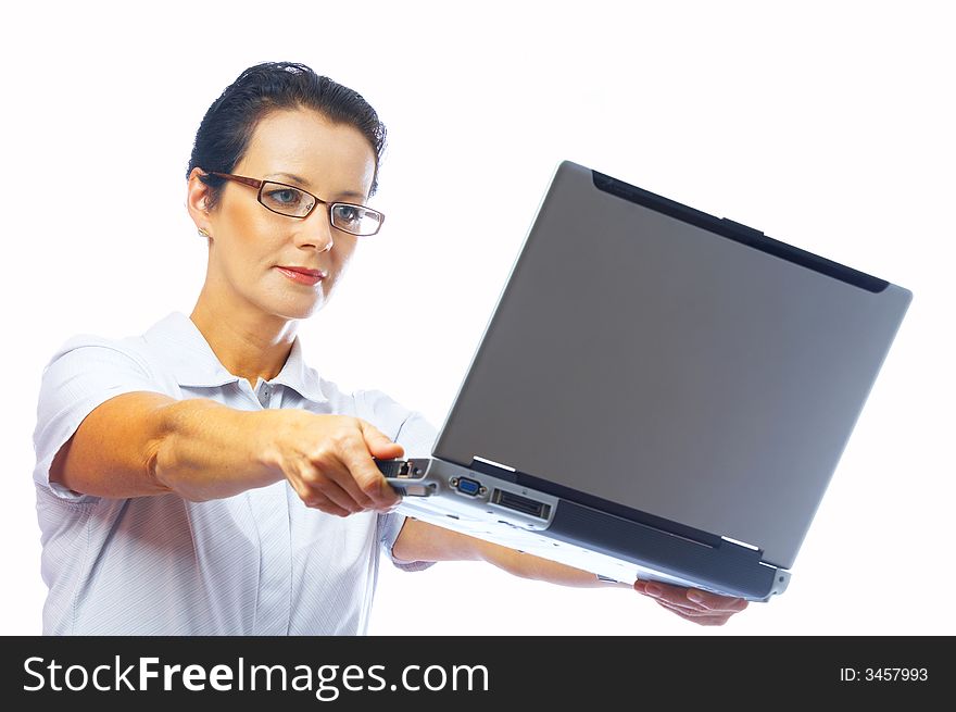 Portrait of  businesswoman and a laptop on white back. Portrait of  businesswoman and a laptop on white back