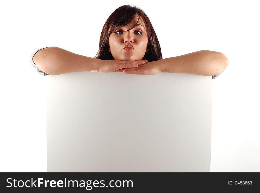 Attractive woman holding blank banner on white background. Attractive woman holding blank banner on white background