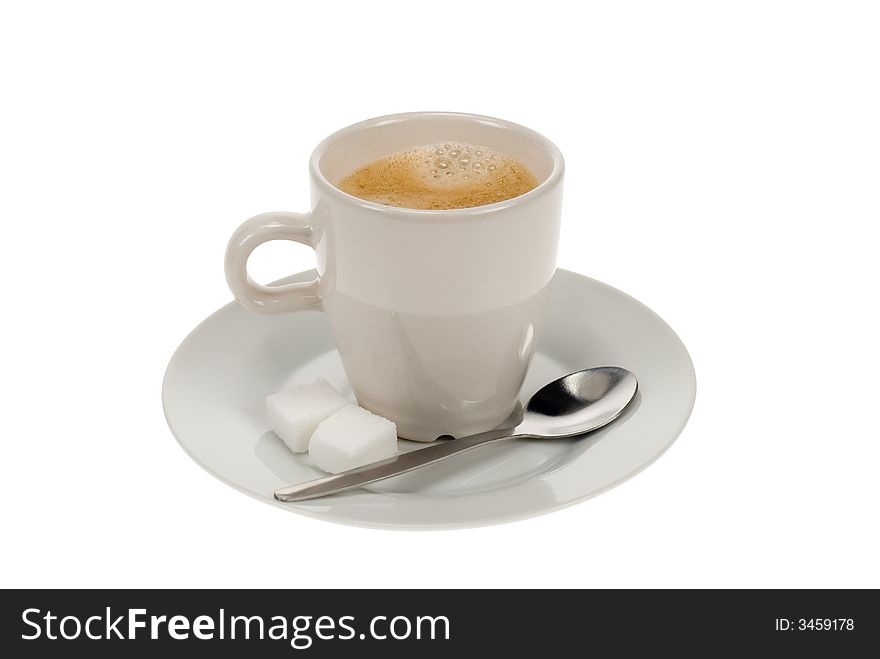 Hot coffee with teaspoon and sugar isolated on white a white background