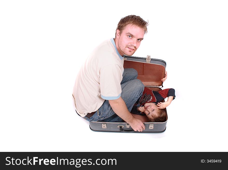 Boy in the old bag on the white background and his father. Boy in the old bag on the white background and his father