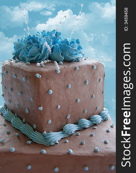 Beautiful decorated chocolate cake on a sky background. Beautiful decorated chocolate cake on a sky background.