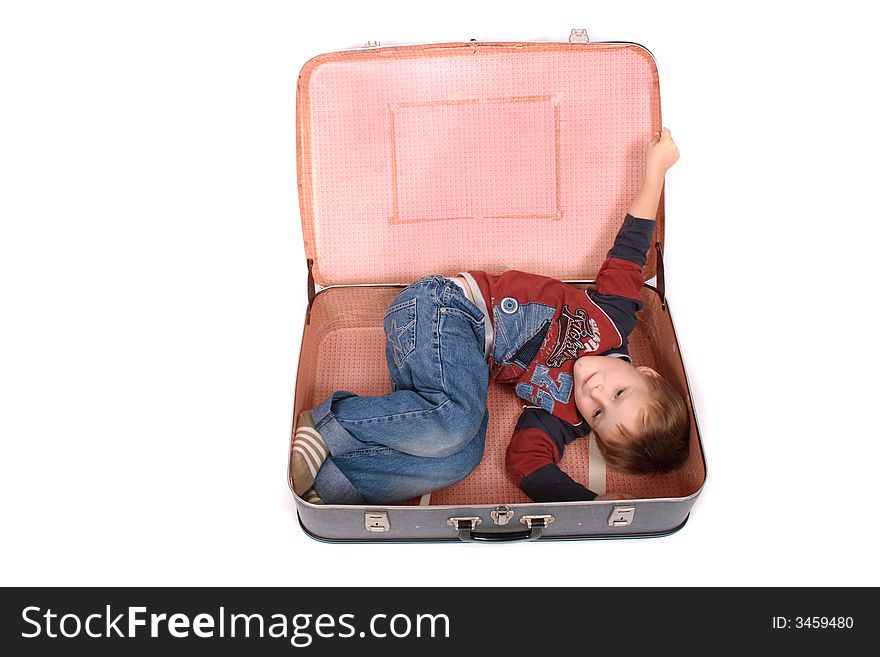 Boy in the old bag on the white background. Boy in the old bag on the white background