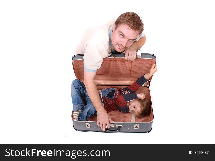 Boy in the old bag on the white background and his father. Boy in the old bag on the white background and his father