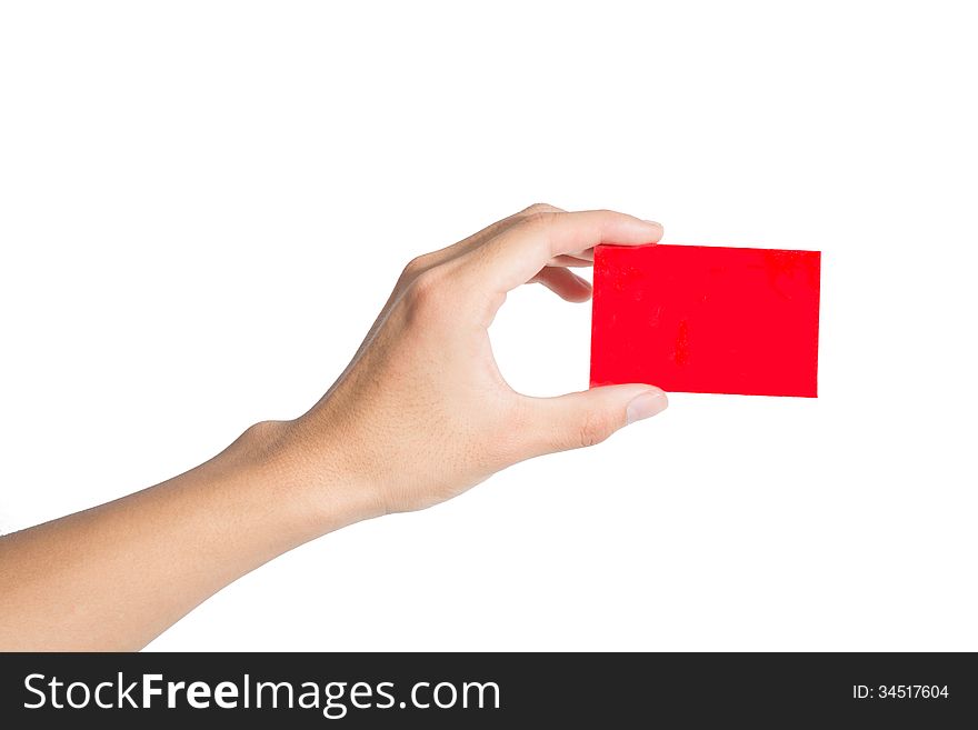 Hand and red card isolated on white. Hand and red card isolated on white