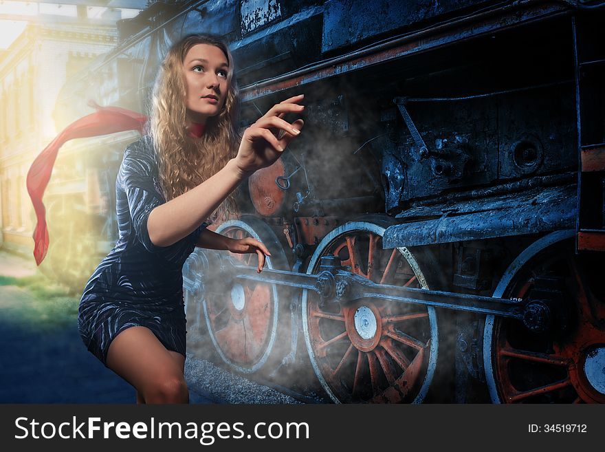Image of a girl hurry to catch the old train. Image of a girl hurry to catch the old train