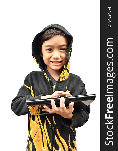 Little boy portrait with tablet fire jacket on white background