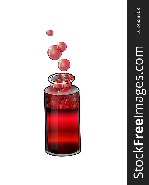 Bottle with red liquid on a white background, bubbles. Bottle with red liquid on a white background, bubbles