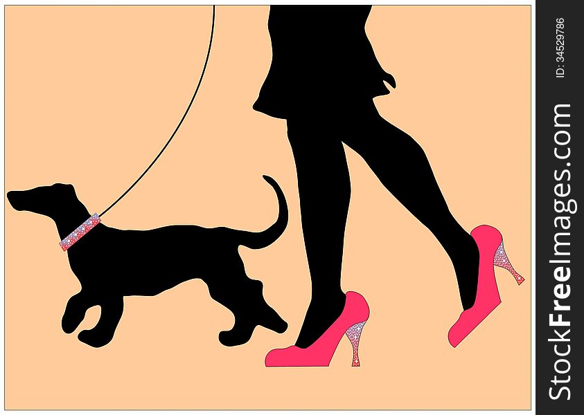 Woman in pink shoes walking dachshund, figures are in silhouette with woman shown from thigh down, dog has spangled collar and woman is wearing stillettoes with spangles on the heels (matches collar). Woman in pink shoes walking dachshund, figures are in silhouette with woman shown from thigh down, dog has spangled collar and woman is wearing stillettoes with spangles on the heels (matches collar)