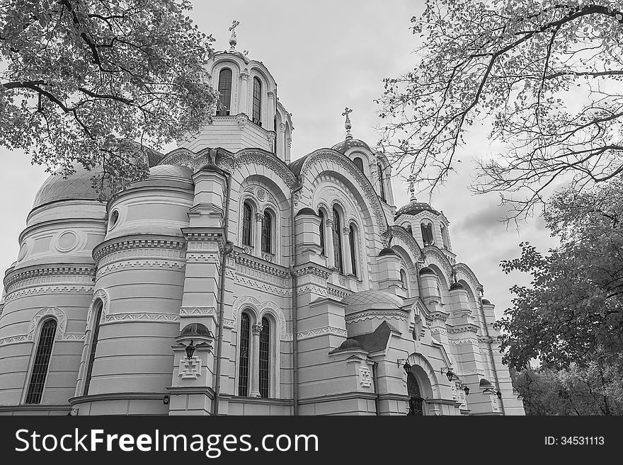 Photo of orthodox Saint Vladimir's Cathedral on cloudy autumn day in black and white. Photo of orthodox Saint Vladimir's Cathedral on cloudy autumn day in black and white
