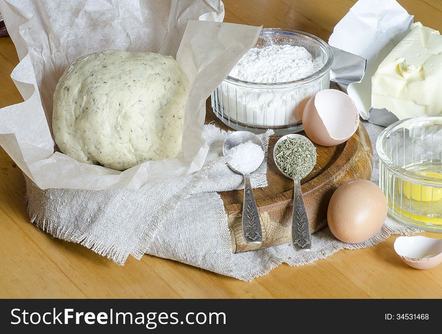 Ingredients for the dough: eggs, flour, oil, salt. From series Cooking vegetable pie. Ingredients for the dough: eggs, flour, oil, salt. From series Cooking vegetable pie