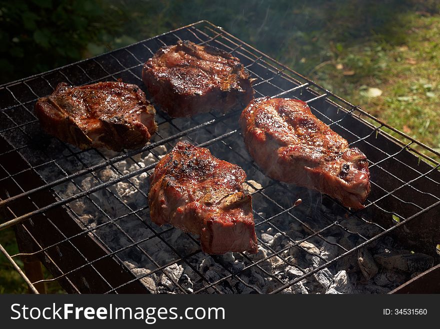 Roasted meat on grill outdoor in summer