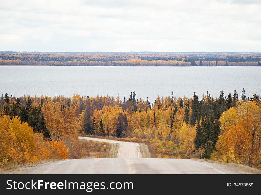 A curving highway between thick green and yellow trees leading down to a lake with a forest in the background. A curving highway between thick green and yellow trees leading down to a lake with a forest in the background