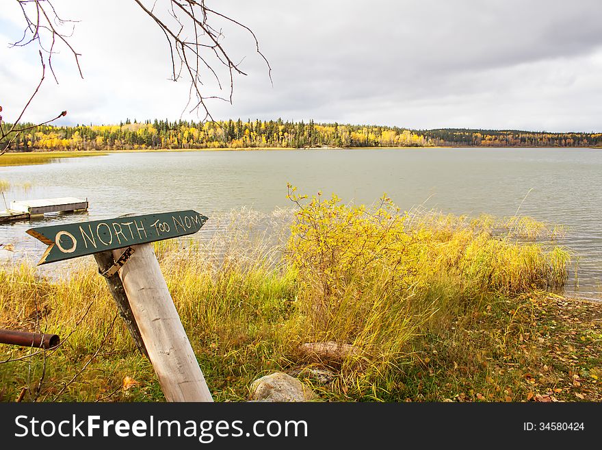 A green arrow sign nailed to a pole pointing to a forest surrounded lake. A green arrow sign nailed to a pole pointing to a forest surrounded lake