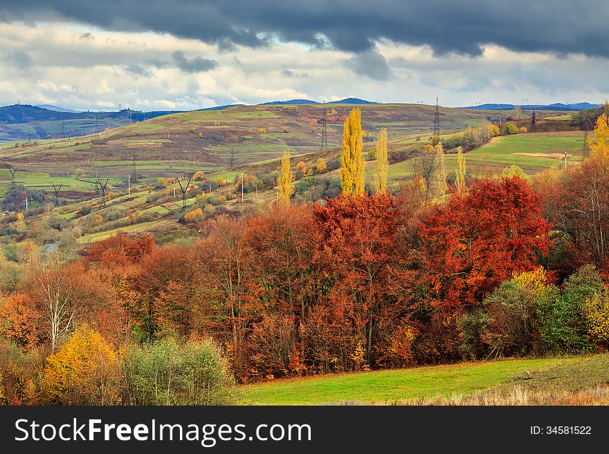 Autumn landscape. forest on a hillside covered with red and yellow leaves. over the mountains against blue sky clouds. Autumn landscape. forest on a hillside covered with red and yellow leaves. over the mountains against blue sky clouds