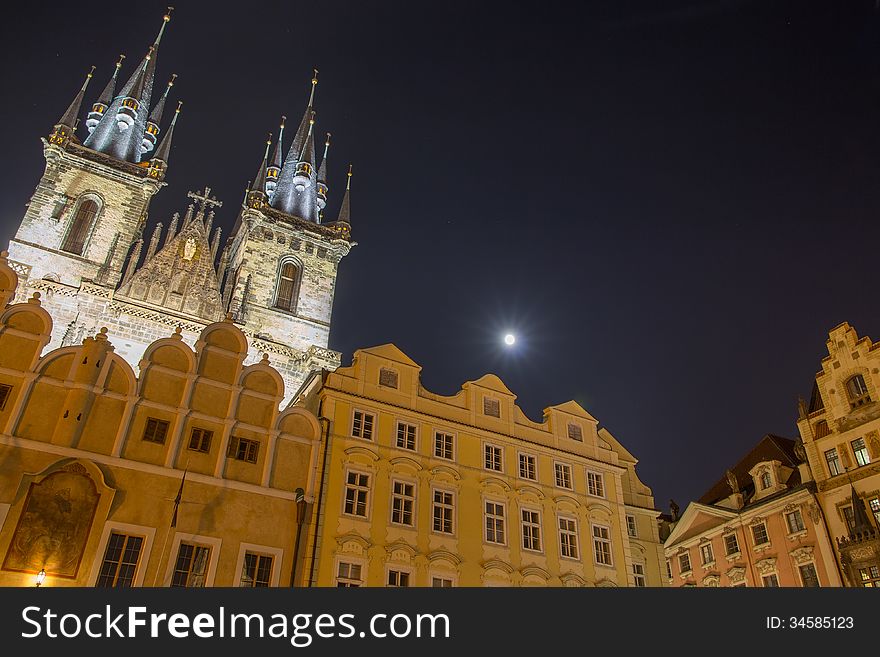 Old Town Square in Prague lit by the Moon in full moon