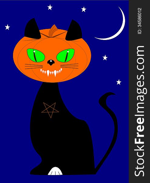 Cat with pumpkin for head, black body, green eyes, grinning fangs, on a blue background of moon and stars. Cat with pumpkin for head, black body, green eyes, grinning fangs, on a blue background of moon and stars