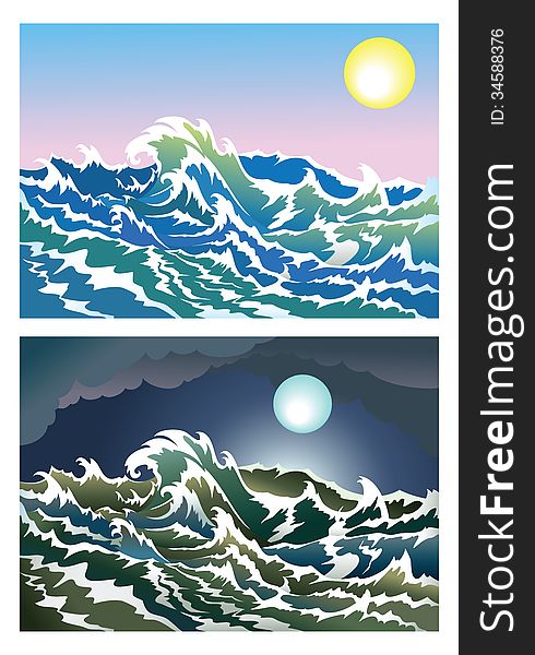 Sea waves in the day and night time, illustration. Sea waves in the day and night time, illustration