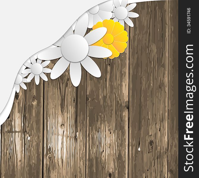Wooden background with pattern and flowers