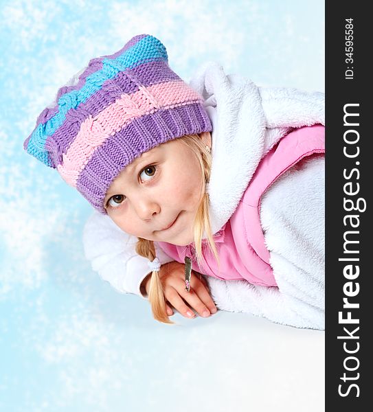 Portrait of a little girl wearing a scarf, christmas, winter, frost