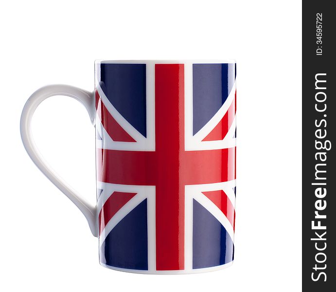 Close up of british flag cup isolated with path on white