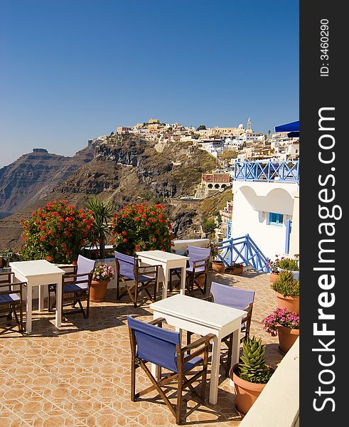 Restaurant with a beautiful landscape view (Santorini Island, Greece). Restaurant with a beautiful landscape view (Santorini Island, Greece)