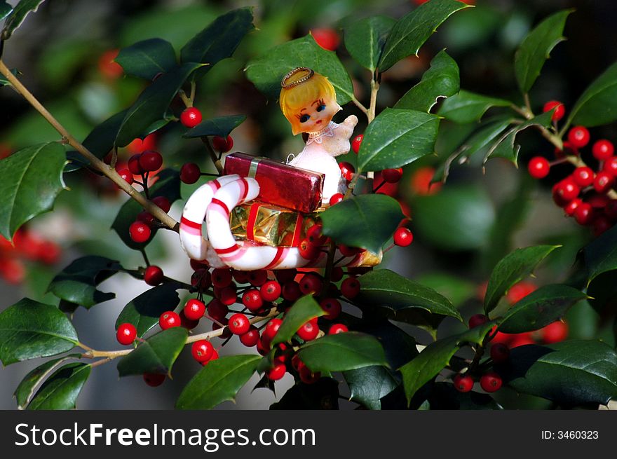 A Christmas angel ornament in holly with berry's. A Christmas angel ornament in holly with berry's