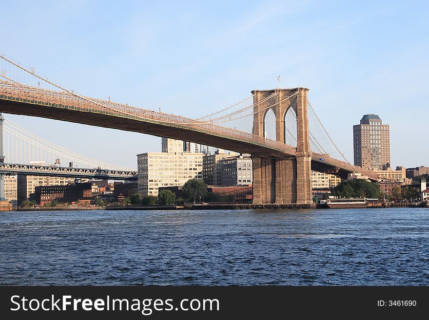 Brooklyn bridge looking east from south street seaport Manhattan