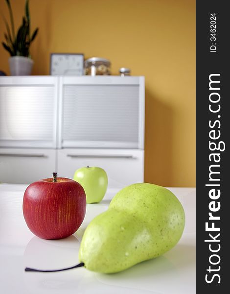 Fruits in modern white kitchen