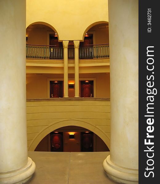 Interior design of a building. View between two columns. Interior design of a building. View between two columns