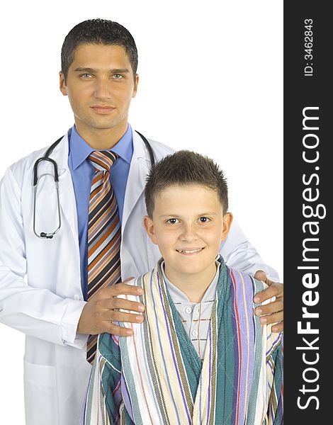 Male doctor with young patient. They're looking at camera. White background. Male doctor with young patient. They're looking at camera. White background.