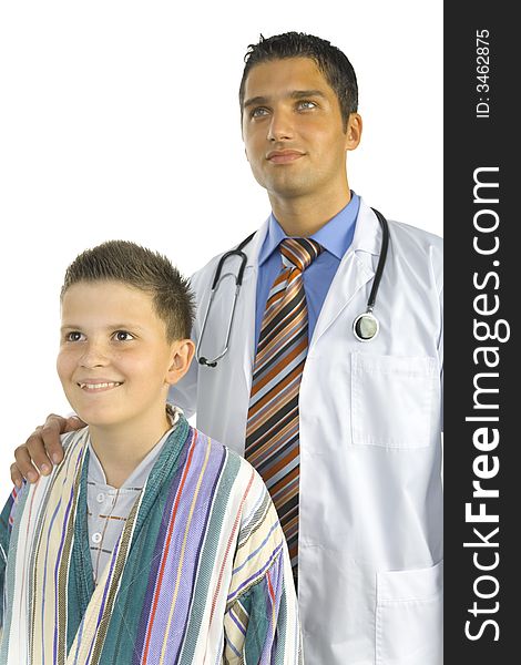 Male doctor with young patient. White background. Male doctor with young patient. White background.