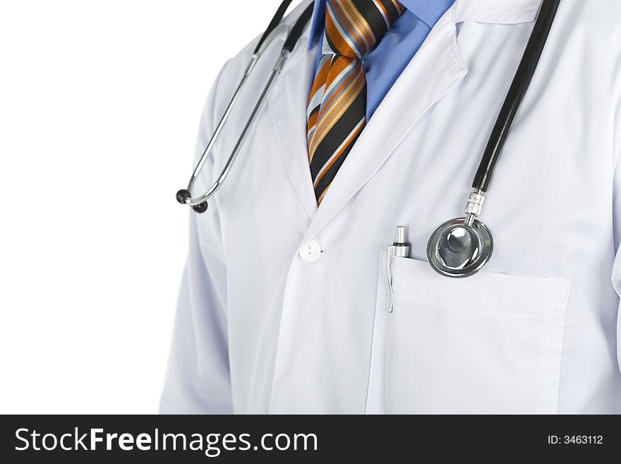 Doctor's chest with stethoscope. White background. Doctor's chest with stethoscope. White background