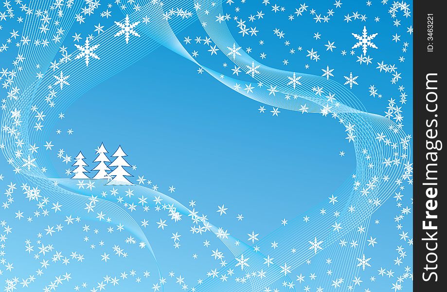 Christmas background with snowflakes and trees, area for text, vector illustration