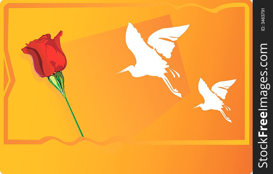 A red bud and two cranes flying in orange background. A red bud and two cranes flying in orange background
