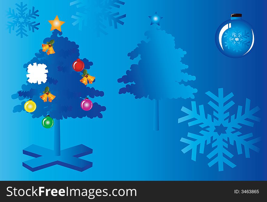 Christmas tree with decorations in blue radiant night