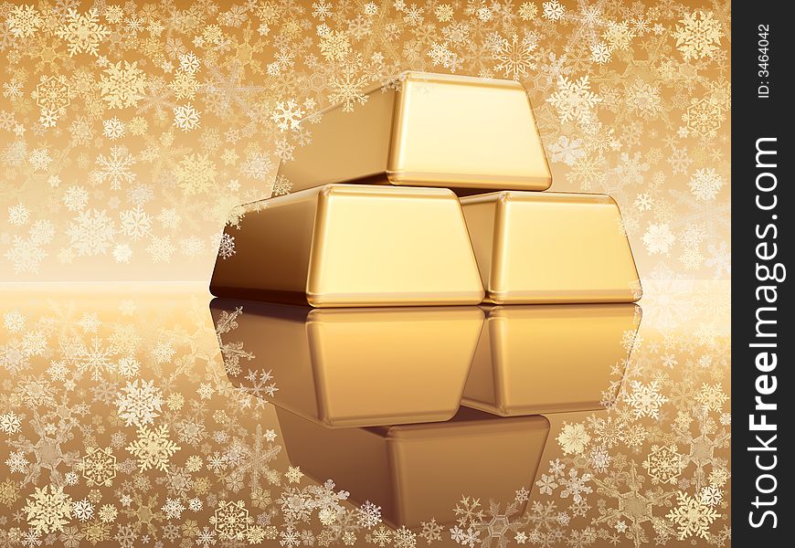 3d golden bullions with reflection over golden background with snowflakes. 3d golden bullions with reflection over golden background with snowflakes