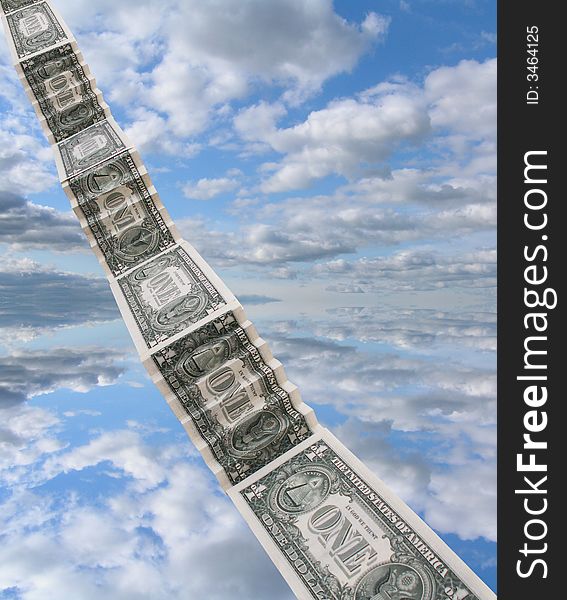 One dollar banknotes as staircase on background with blue sky and clouds. One dollar banknotes as staircase on background with blue sky and clouds
